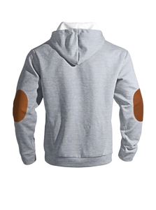 Detail view of light grey hoodie back featuring geometric quilted texture and brown elbow patches