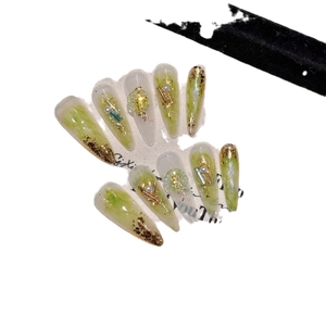 Handmade green marble press-on nails with gold leaf, white pearls and long almond shape