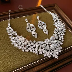 Elegant Floral Rhinestone Necklace And Earrings Jewelry Collection Silver Alloy Women Wedding Banquet Party Luxury
