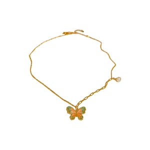 Gold plated butterfly pendant necklace with pink green enamel and pearl accent on chain