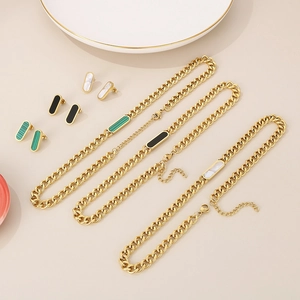 18K gold plated stainless steel Cuban chain necklace set with green and white shell inlay