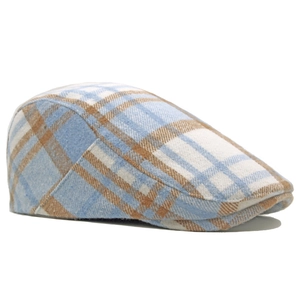 Classic blue and brown plaid wool flat cap for men with a stylish British vintage design