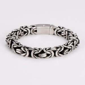 Men's stainless steel Byzantine chain bracelet with vintage silver-gray woven links