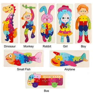 8-piece 3D wooden educational puzzles with numbered animals, figures and vehicles