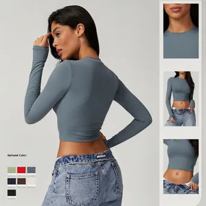 Slim fit long sleeve yoga top in blue grey with round neck and seven available colors