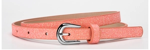 Close-up of coral pink sequin glitter PU belt with silver metal pin buckle for girls
