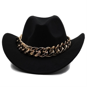 Detail of wide brim black felt cowboy hat with chunky gold metal chain decoration