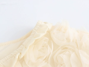 Macro detail of 3D mesh flowers and creamy fabric on a French style cardigan