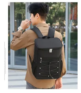 Detail of insulated oxford cloth cooler backpack with dual zippers and mesh side pockets