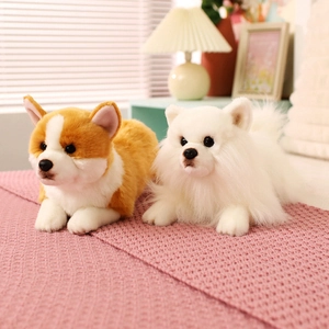 Realistic Corgi and Samoyed plush dog toys lying on a soft pink knit texture