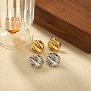 Water ripple wave textured round stud earrings in gold and silver stainless steel