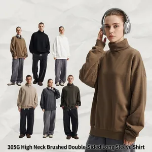 Maglietta A Maniche Lunghe A Collo Alto Da Uomo Cotone Poliestere Spazzolato Caldo Pesante Vestibilità Larga Streetwear Retro