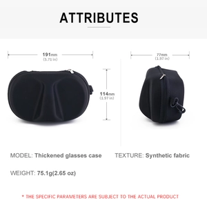 Detailed size guide of black reinforced synthetic fabric eyewear case with dimensions