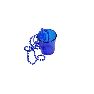 Close-up of blue plastic party cup with matching bead necklace for bachelor parties