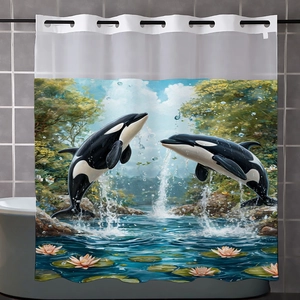Detail of waterproof shower curtain with orca whale and forest print with metal eyelets