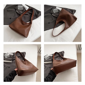 Detailed four-angle view of deep brown woven leather hobo bag with Intrecciato texture