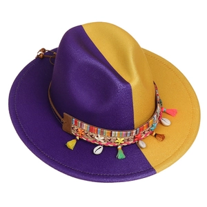 Detail of wool fedora with purple and yellow gradient and bohemian shell band