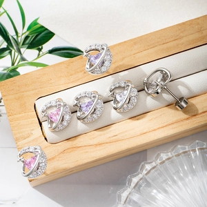 Star heart zircon screw back earrings in silver with pink and purple stones