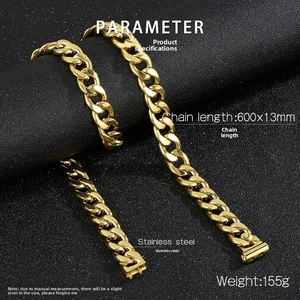 Macro detail of 600x13mm gold stainless steel Cuban link chain weighing 155g