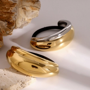 Minimalist U-shaped stainless steel hair rings in gold and silver finish with elastic tie