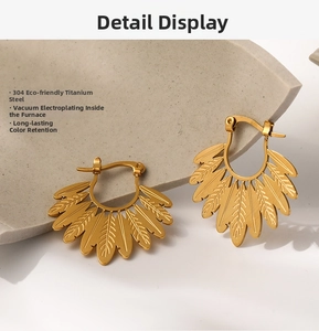 Macro shot of 304 stainless steel leaf earrings featuring gold vacuum plating detail