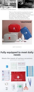 Detailed overview of emergency first aid kit contents including bandages and medical tools