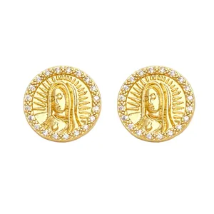 Vintage gold coin earrings with Virgin Mary relief and sparkling zircon halo
