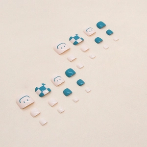 Cute lake blue checkerboard and smiley face press-on toenails set with glossy finish