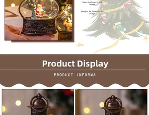 Detail of vintage bronze Christmas lantern with LED Santa Claus and tree scene