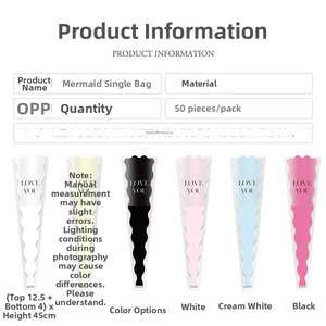 Detailed spec sheet for waterproof OPP mermaid flower bags showing 12.5x45cm dimensions