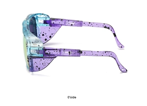 Close-up of purple gradient protective sunglasses with side shields and ink splash pattern