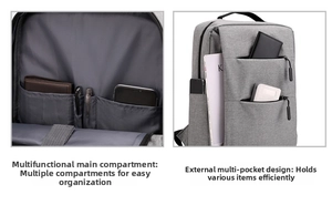 Detail view of the multi-compartment interior and side zipper pocket of the gray backpack