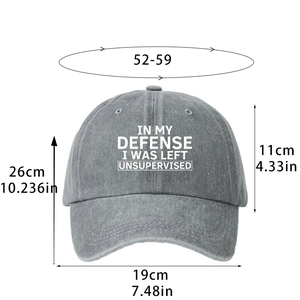 Faded dark gray washed cotton baseball cap with white printed unsupervised slogan