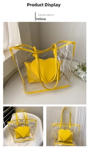 Detail of transparent PVC tote bag with yellow contrast trim and heart inner pouch