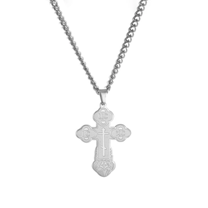 Polished stainless steel Orthodox cross pendant necklace with IC XC religious engraving