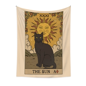 Bohemian black cat tarot tapestry featuring the sun design on beige woven fabric wall hanging