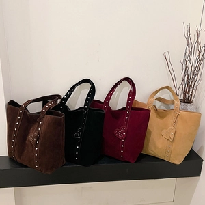 Fashionable suede tote bags with silver studs and heart patterns in four trendy colors