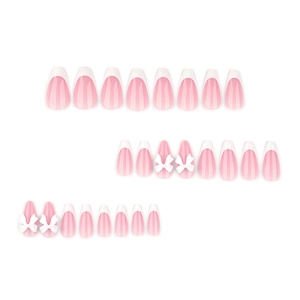 Unghie finte a mandorla french rosa e bianco con fiocchi 3D, set da 24 pezzi