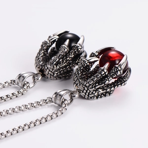 Vintage stainless steel dragon claw pendant necklace with black and red gemstones