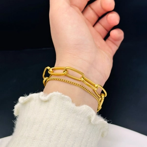 Double-layer 18k gold-plated titanium steel bracelet with thick paperclip and cuban chain