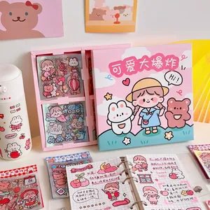 Detail of cute cartoon sticker set with girls, rabbits and bears on a water bottle