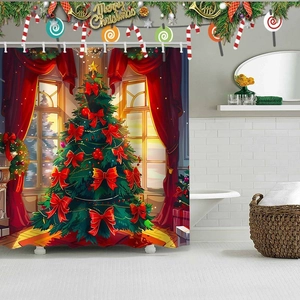 Detail view of a Merry Christmas shower curtain with a decorated tree and festive patterns