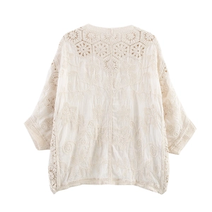Bohemian crochet lace knit cardigan with floral embroidery and batwing sleeves in beige