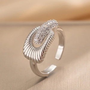 Elegant silver-colored titanium wrap open ring with sparkling white zircon stones