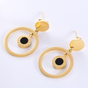 Fashionable gold stainless steel double circle drop earrings with roman numeral engravings