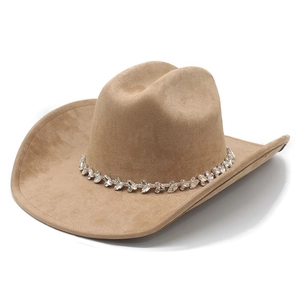 Classic camel faux suede wide brim western cowboy hat with sparkling rhinestone band