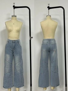 Detailed front and back views of light blue washed denim jeans with paneled stitching details