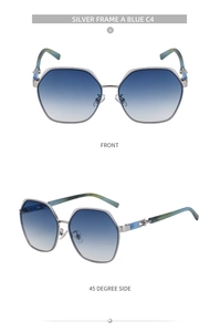 Detailed front and side views of silver metal square sunglasses with blue gradient lenses