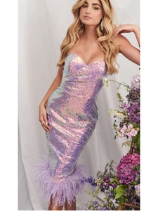 Detail of purple sequin dress featuring luxurious ostrich feather hem and slim silhouette