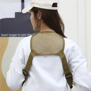 Tactical vest chest bag in khaki mesh fabric with nylon straps and black plastic buckles